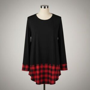 Color Bear Buffalo Plaid Hem Tunic Top Small Black Red Long Sleeve Soft Stretch